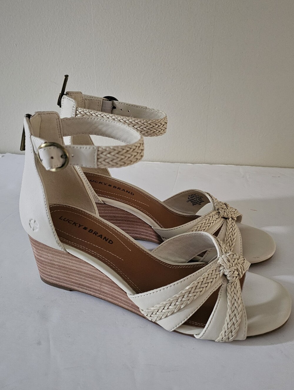 NEW Lucky Brand Cream Braided Ankle-Strap Wedge Sandals Size 8.5